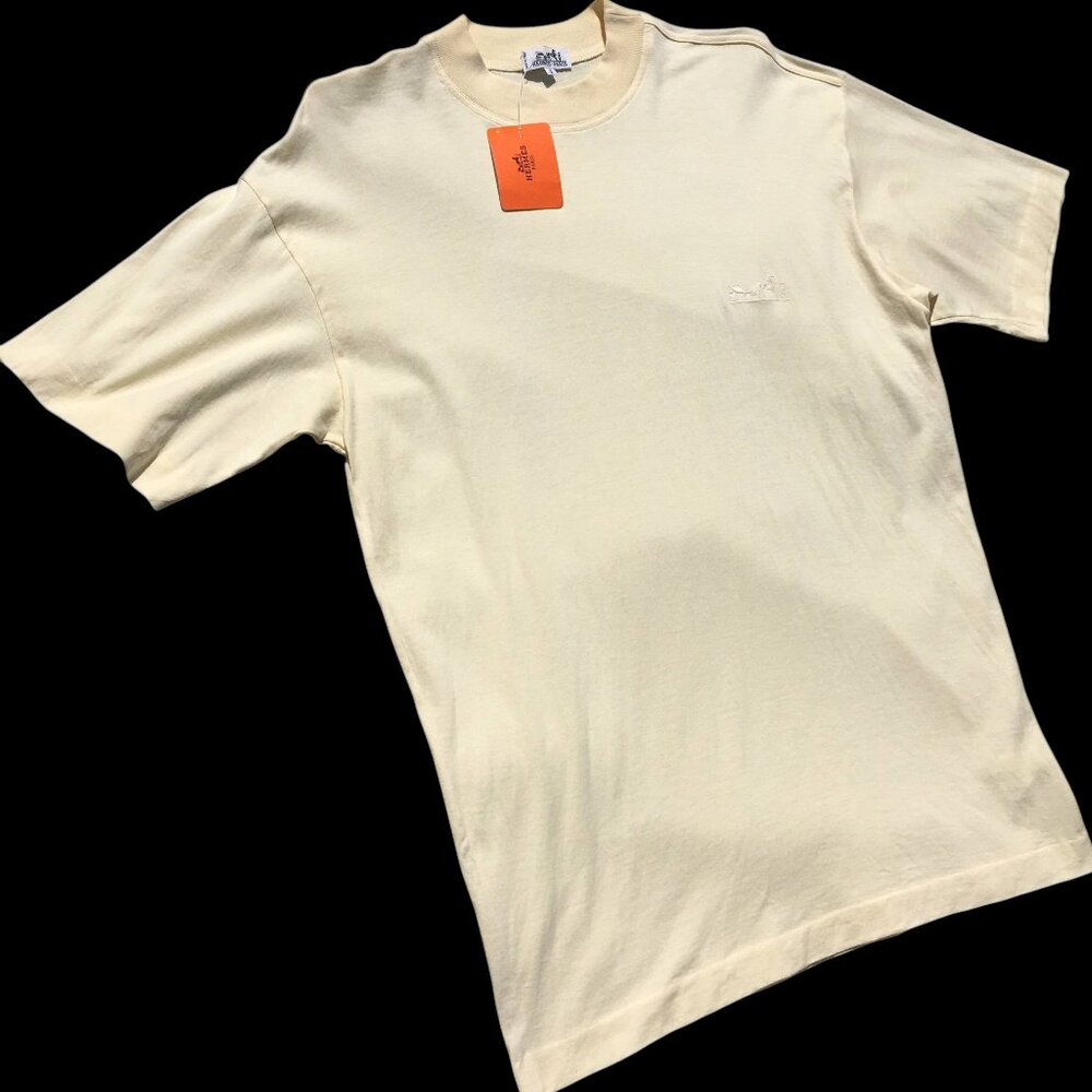 HERMES Paris Men’s T-Shirt Shirt Ecru Cream Embroidered Logo Cotton Size S M L